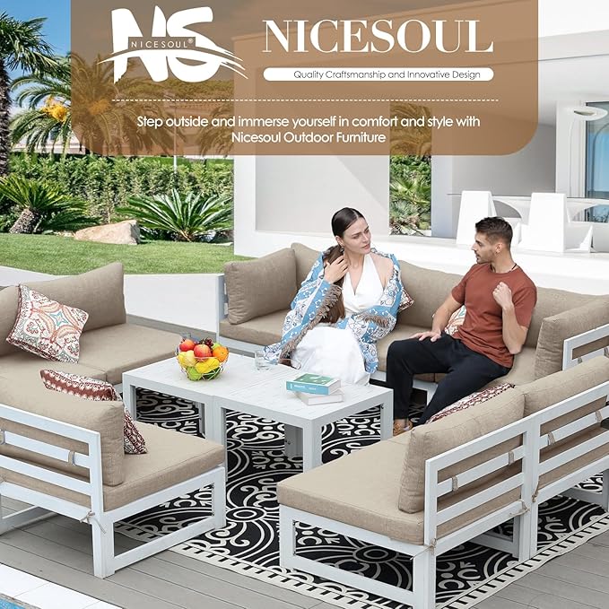 NICESOUL 10 Piece Extra Large Modern Aluminum Outdoor Sofa, 29" Deep Wide Seated, 500 lbs Durable L Shaped Sectional Set for Heavy People, No Rust Modular Patio Furniture Set for Backyard Deck, Beige