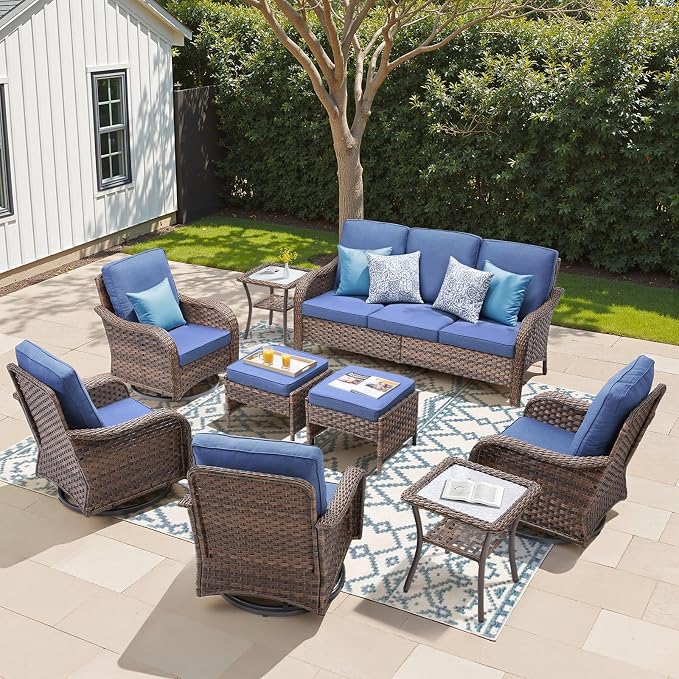 9 PCS Patio Furniture Set, Outdoor Wicker Sofa & 4 Swivel Rocking Chairs with 2 Ottomans & 2 Side Tables, 4-Inch Thick Olefin Cushions, 300 lbs Capacity Rattan Conversation Set for Porch, Blue
