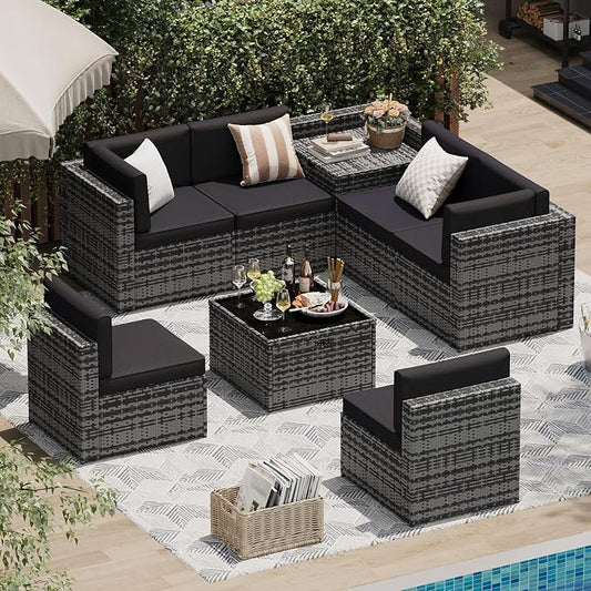 Aoxun 8 Piece Patio Furniture Set, Wicker Outdoor Furniture with Large Storage Table, Patio Conversation Sets with Waterproof Cover, Outdoor Sectional Sofas for Backyard Garden(Grey/Black)