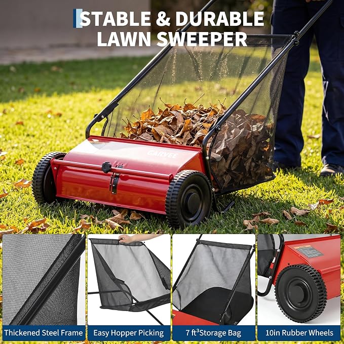 Push Lawn Sweeper 26Inch-Heavy Duty Walk Behind Leaf Collector and Yard Sweeper for Outdoor,Patio,Driveway,Garden Grass Sweepers,4 High Speed Spinning Brush,7 Cu. ft. Hopper Capacity