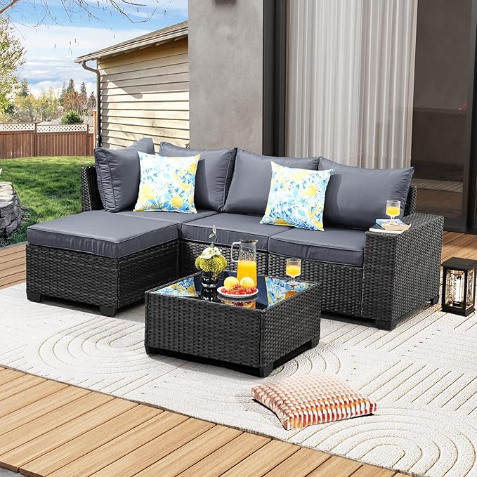 JOYURE 5 Pieces Patio Furniture Set All-Weather Outdoor Wicker Sectional Conversation Sofa Rattan Patio Seating Sofa with Cushion and Glass Table for Porch Poolside,Grey
