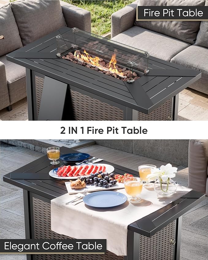 HUMMUH 10 Pieces Outdoor Furniture Set with Fire Pit 6-inch Cushions High Back Patio Furniture Set Wicker Swivel Rocker Chairs Sofa for Porch,Deck,Backyard