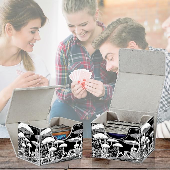 Card Deck Box for MTG, Cards Storage Box Fits 120+ Sleeved, Leather Small Size Strong Magnetic Closing Card Case for Board Games Magic TCG CCG Baseball Collection, Dark Mushroom