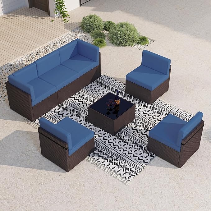 kinbor 7-Piece Outdoor Sectional Patio Furniture Set, Brown PE Wicker Outdoor Couch with Thick Cushions, Luxury Patio Set for Backyard, Poolside, Porch, Navy Blue