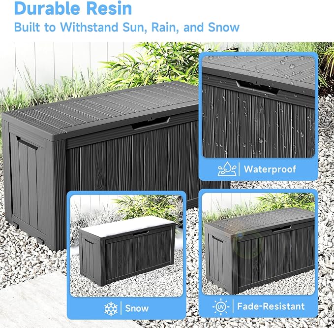 90 Gallon Outdoor Storage Box, Large Deck Box Waterproof Resin Storage Bin with Lid for Patio Cushions, Gardening Tools, UV Resistan (Black, 90 Gallon)