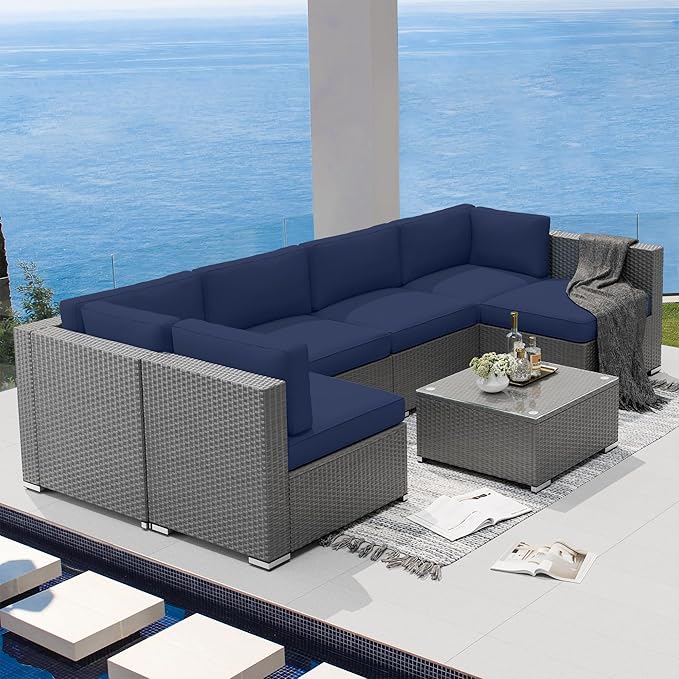 SUNCROWN Outdoor Patio Furniture Set 7 Piece Outdoor Sectional Sofa Grey Wicker Conversation Sofa Set with Coffee Table and Cushions,Dark Blue