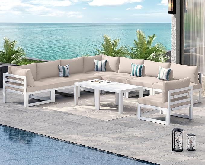 NICESOUL 10 Piece Extra Large Modern Aluminum Outdoor Sofa, 29" Deep Wide Seated, 500 lbs Durable L Shaped Sectional Set for Heavy People, No Rust Modular Patio Furniture Set for Backyard Deck, Beige