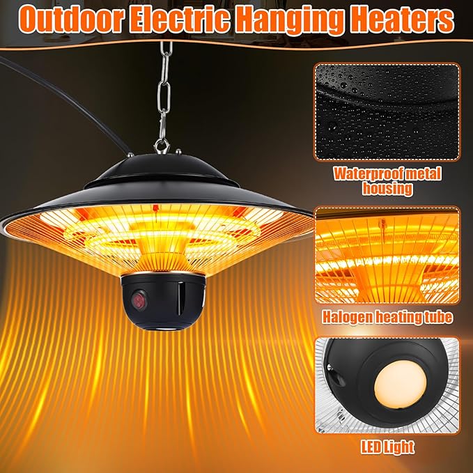 Glooglitter 1500w Ceiling Mounted Outdoor Heaters Electric Hanging Infrared Patio Heater with Remote Control, Dust Cover and Adjustable Chain, 3 Adjustable Modes for Garage, Gazebo, Balcony, Courtyard