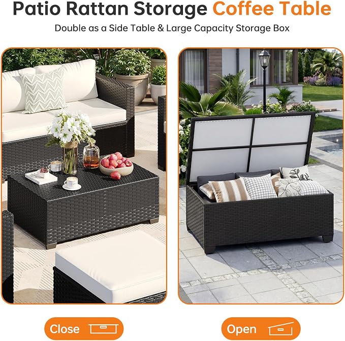 LazySunsets 5-Piece Outdoor Patio Furniture Set, Rattan Outdoor Sectional with Thick Waterproof Cushions, Wicker Ottomans & Waterproof Cover, Patio Conversation Set for Garden, Backyard, Beige