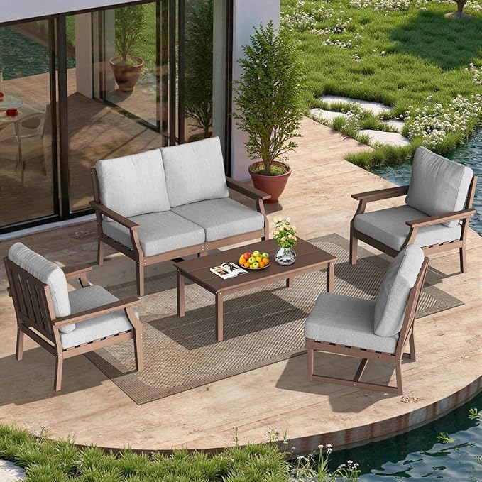 HDPE Patio Conversation Set, 6-Piece All Weather Outdoor Furniture Set with 2 Single Armchairs for Deck, Lawn, with Cushion, Brown
