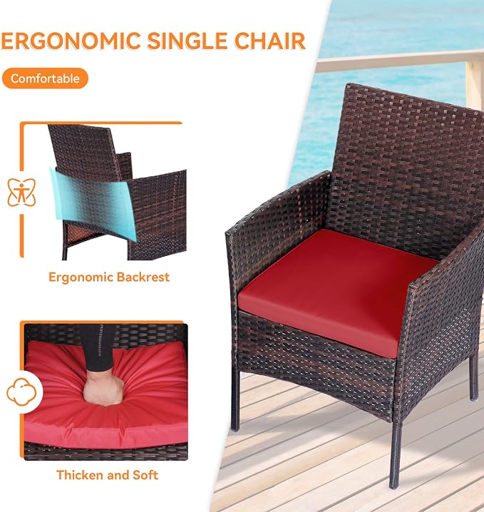Patio Furniture Set, Outdoor Furniture Set 4 Pieces Patio Conversation Set PE Rattan Chair with Cushion Tempered Glass Table Garden Balcony Sets for Yard Pool Backyard Brown/Red
