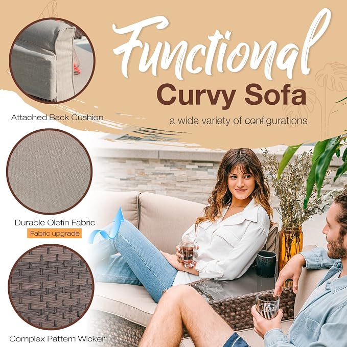 SUNSITT 12 Piece Patio Furniture Set with Fire Pit Outdoor Round Sectional Sofa with 36" Bronze Propane Fire Table & Tank Holder, Brown Rattan