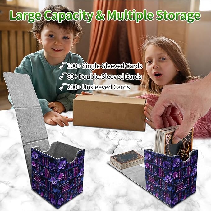 Purple Flower Books Card Deck Box for MTG, Personalized Card Storage Case Fits 120+ Sleeved Cards, Premium Leather TCG Box with Strong Magnetic Closure for Magic, CCG, PTCG, Baseball Cards