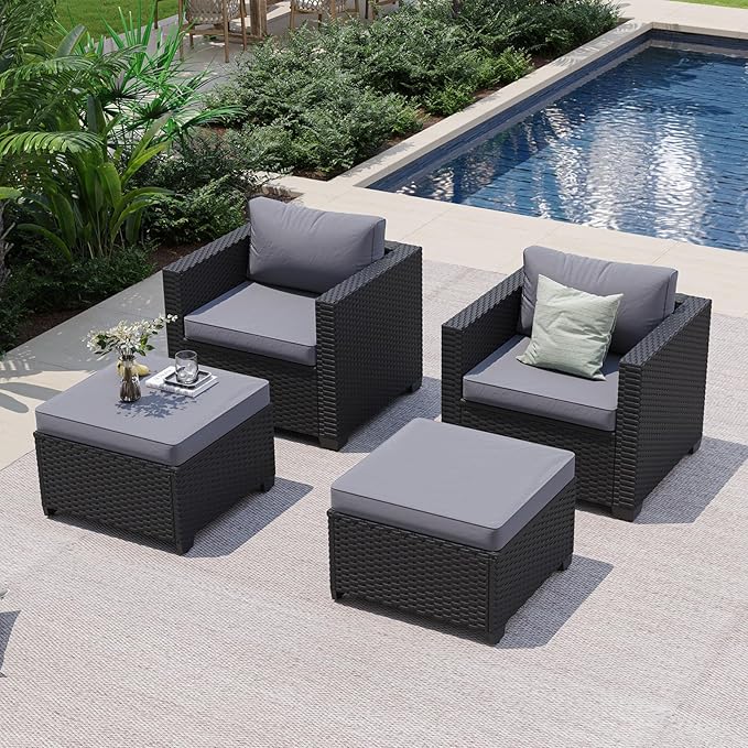 Aoxun 4 Piece Patio Furniture Set with Ottomans, Wicker Outdoor Furniture Conversation Set with 4" Thick Cushions for Deck Yard and Poolside Grey