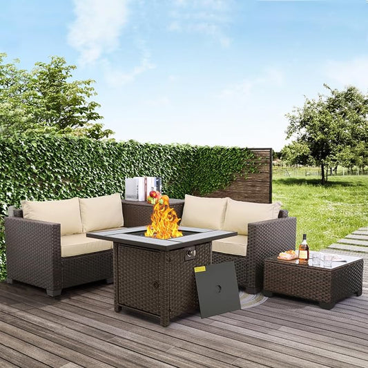 WAROOM Patio Furniture Set 5 Pieces Outdoor Conversation Sets PE Rattan Couch Loveseat Resin Wicker Sectional Sofa with Storage Box Coffee Table and Propane Fire Pit, Khaki Cushion