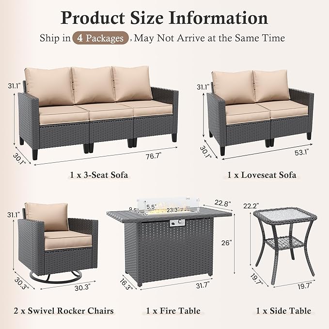 Amopatio Patio Furniture Set, 6-Piece Wicker Outdoor Sectional Sofa with Swivel Rocker Chairs, Rattan Conversation Set with Fire Pit Table and Waterproof Cover for Backyard Black/Khak
