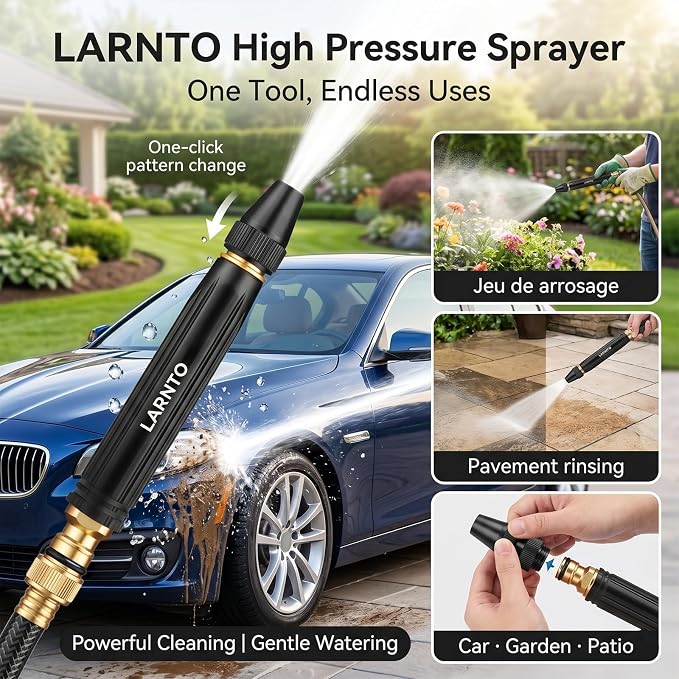 High Pressure Sprayer, Larnto High Pressure Hose Nozzle, Adjustable High Hose Nozzle, Home High-Pressure Car Wash Water, Suitable For Watering Flowers, Vegetables And Washing Vehicles