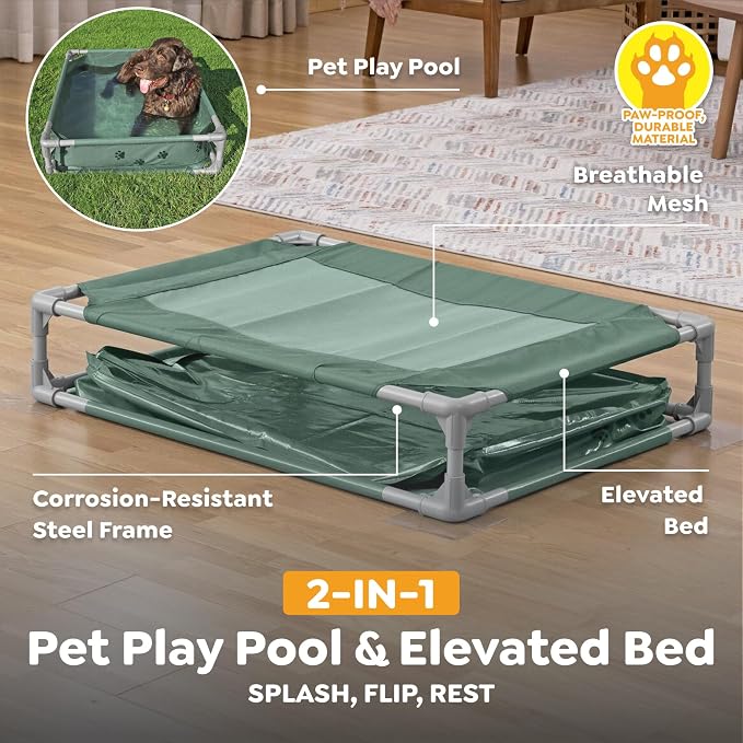 H2OGO! Pet Play Pool & Elevated Bed, Fetchin' Fun 2-in-1 Metal Frame Pool and Raised Mesh Bed for Small, Medium, and Large Dogs up to 99 lbs