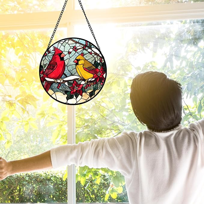DASTOLL Stained Glass Window Hanging, Love Birds Cardinals Sun Catchers Colorful Glass Panel Birds Suncatcher Decor for Birthday for Women, Men, Wife, Lovers, and Mom 6.3 in
