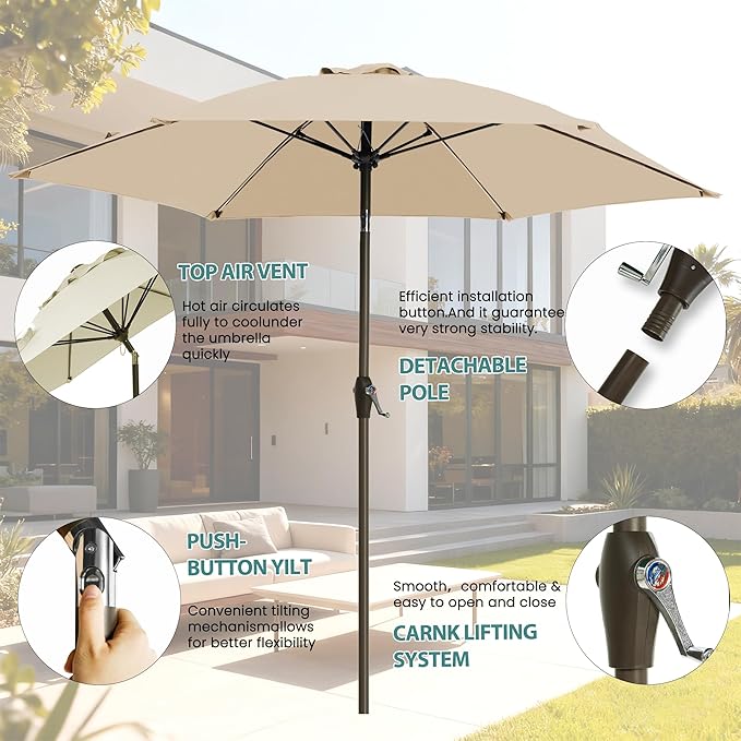 7.5FT Large Outdoor Patio Umbrella with Crank & Tilt - Durable Market Umbrella for Outdoor Patio with 6 Fiberglass Ribs for Poolside,Deck,Yard,Garden