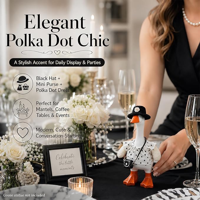 4 Sets Seasonal Small Desk Goose Outfit with DIY Wing, Costume Accessories for 7 Inch Mini Porch Goose, Elegant/Birthday/Farm/Summer Beach Themed Dress Hat Sunglasses Bag Swim Ring, Dress-Up Decor Set