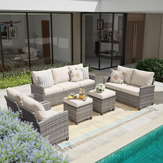 6 Piece Outdoor Sectional Furniture, Wicker Outside Furniture Patio Sofa Set with Cushions, Waterproof Patio Conversation Set for Garden Balcony Backyard (Gray & Beige)