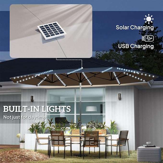 Outsunny 15ft Extra Large Patio Umbrella with Bright Solar Lights, Aluminum UPF50+ Double-Sided Outdoor Table Market Umbrella with Fiberglass Ribs Crank Air Vents for Backyard Deck Pool