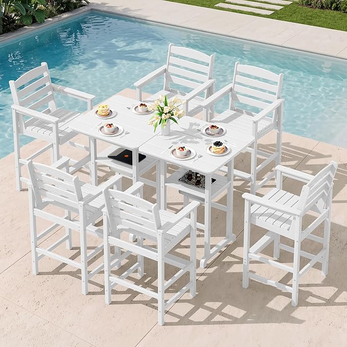 SERWALL Adirondack Bar Chairs and Table 8 Pieces Set, HDPE Bar Height Chairs Set of 2 and Bar Table with Ice Bucket, Outdoor Bar Stools Set for Dining, Balcony, Poolside, Backyard, White