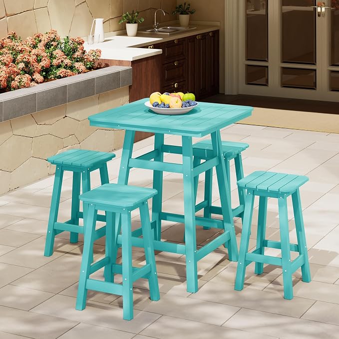 Costaelm Outdoor Bar Table, 37" Counter Height Square Patio Cocktail Bar Table with Umbrella Hole, Patio Bistro Dining Pub Table for Front Porch Deck Backyard Garden, Turquoise