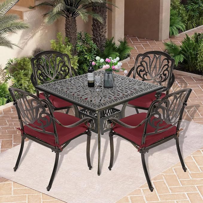 5-Piece Outdoor Patio Dining Set, All-Weather Cast Aluminum Patio Table Set, Include 4 Cushioned Chairs and a 35.4 inch Square Table w/Umbrella Hole for Balcony Garden Backyard, Red