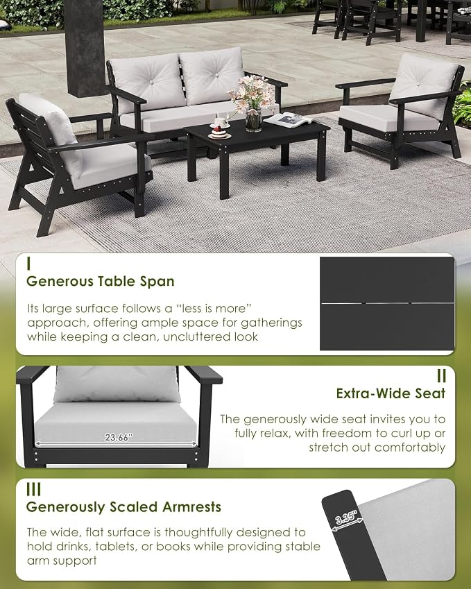 GREENVINES 5-Piece-Patio-Furniture-Set | HDPE Plastic | Outdoor Sectional Conversation Sets | All-Weather Couch | Sofa with Coffee Table | Detachable Armrests | for Deck Lawn | Black