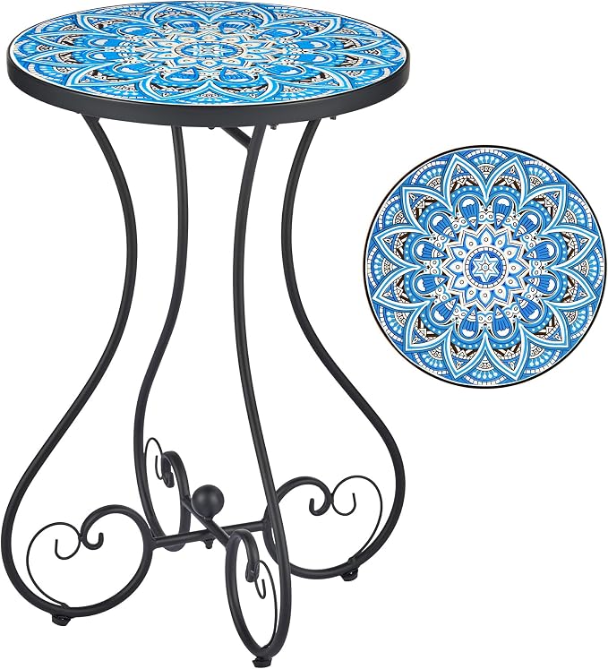 VONLUCE Outdoor Side Table and Mosaic Plant Stand, 21" Round End Table with 14" Ceramic Tile Top for Patio Porch Decor, Indoor & Outdoor Accent Table, Small Coffee Table for Home Garden, Blue Mandala