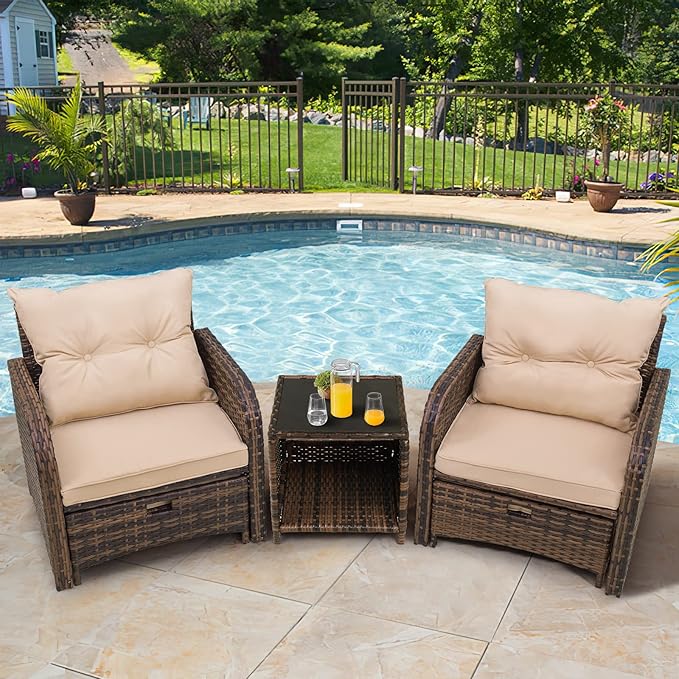 5 Pieces Outdoor Patio Chairs with Ottomans, PE Wicker Rattan Outdoor Furniture w/Footstool Sets, Front Porch Furniture Set, Wicker Patio Conversation Sets for Garden Lawn Balcony(Beige)
