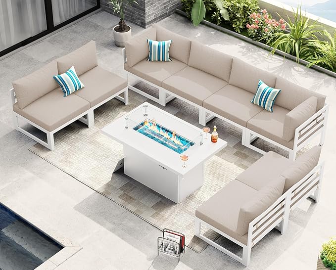 NICESOUL 8 Person Modern Aluminum Outdoor Patio Furniture Set with Fireplace, 29" Wide Deep Seating, Water Resistant L Shaped Sectional Couch, Extra Large Conversation Set for Backyard Terrace, Beige