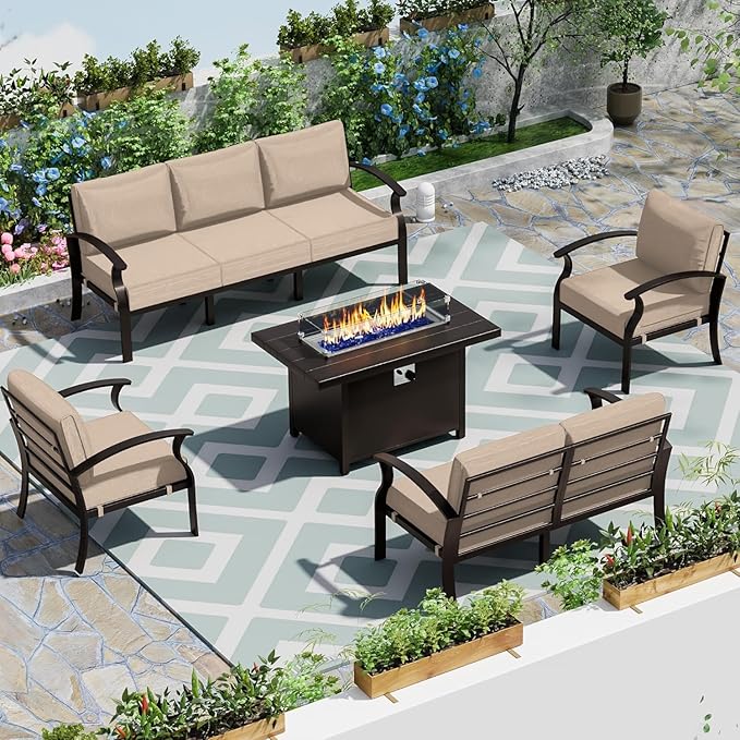 Patio Furniture Set 5-Piece Aluminum Armrest Sofa, Modern Outdoor Living Room Set with 55000 BTU Propane Aluminum Fireplace, Outdoor Rotary Joystick with Thick Cushion