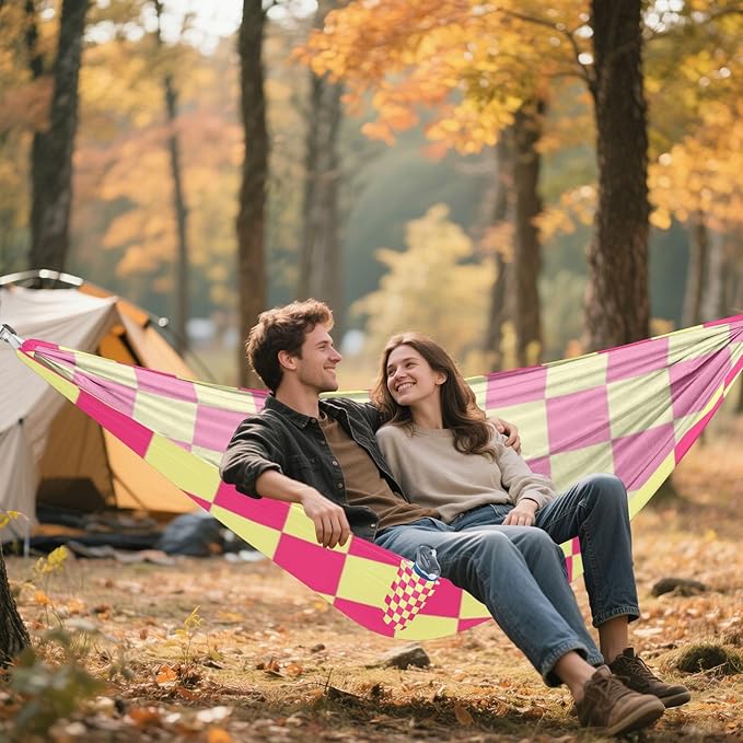 Pink and Yellow American Plaid 330lb Capacity Outdoor Hammock Tree Hammock for Patio Backyard Lounge Base para ir de Camping