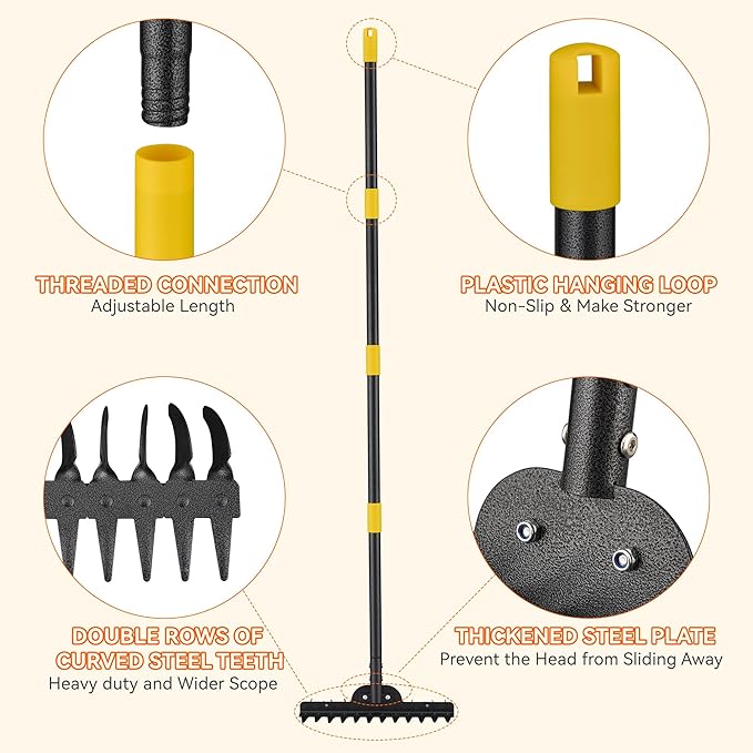 77" Adjustable Bow Rake, Metal Head with 1.1-Inch Thick Stainless Steel Handle, Heavy Duty Garden Rake for Soil Loosening, Leaf Gathering, Lawn Leveling & Yard Management