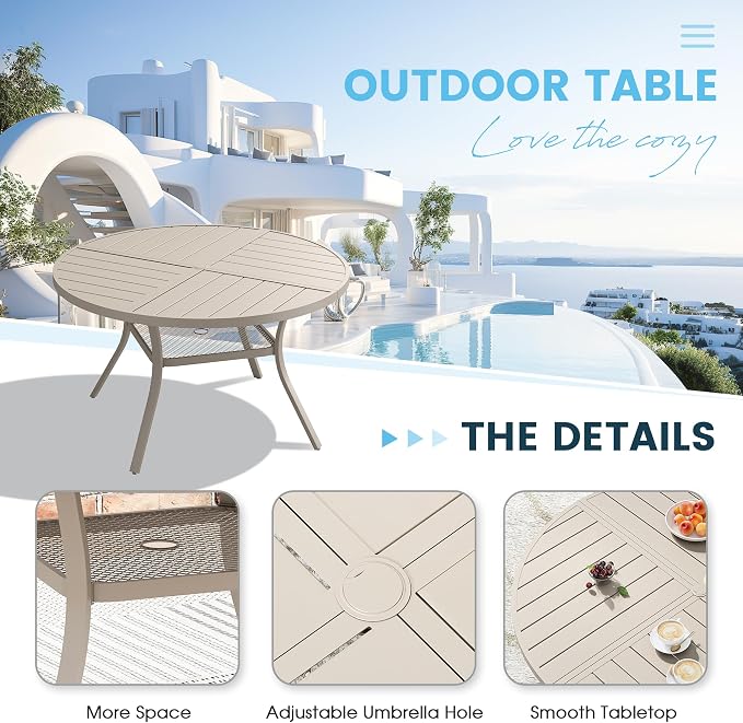 Patio Dining Table for 4-6, Round Metal Outdoor Table with Storage Shelf, 1.57" Umbrella Hole, 47" Outdoor Quartered Tabletop Dining Table for Backyard, Porch, Lawn, Sand