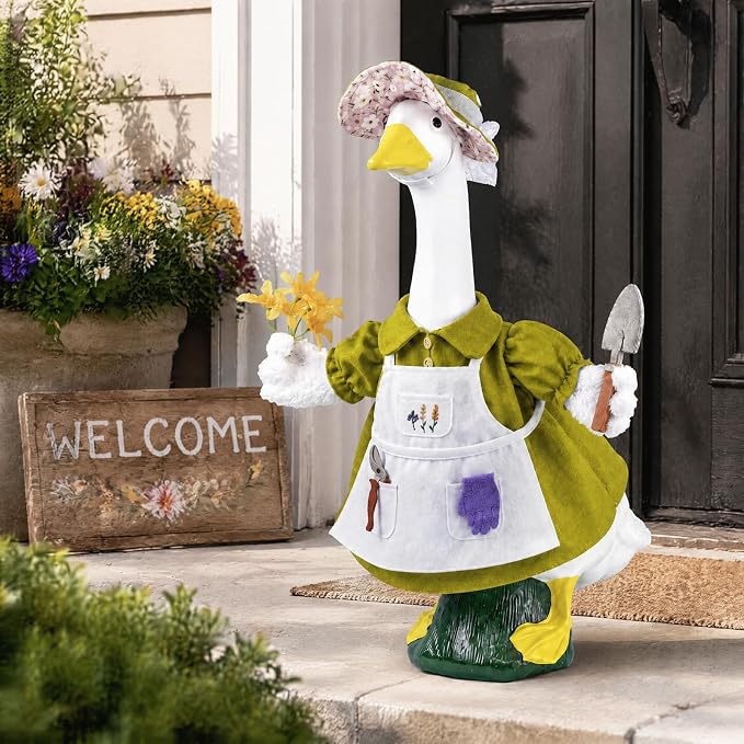 Spring Gardener Porch Goose Outfit for 23 Inch Plastic Cement Goose Statue, Goose Outfit Clothes with Hat, Felt Tools & Flower for Outdoor Garden Yard Patio Art Decor