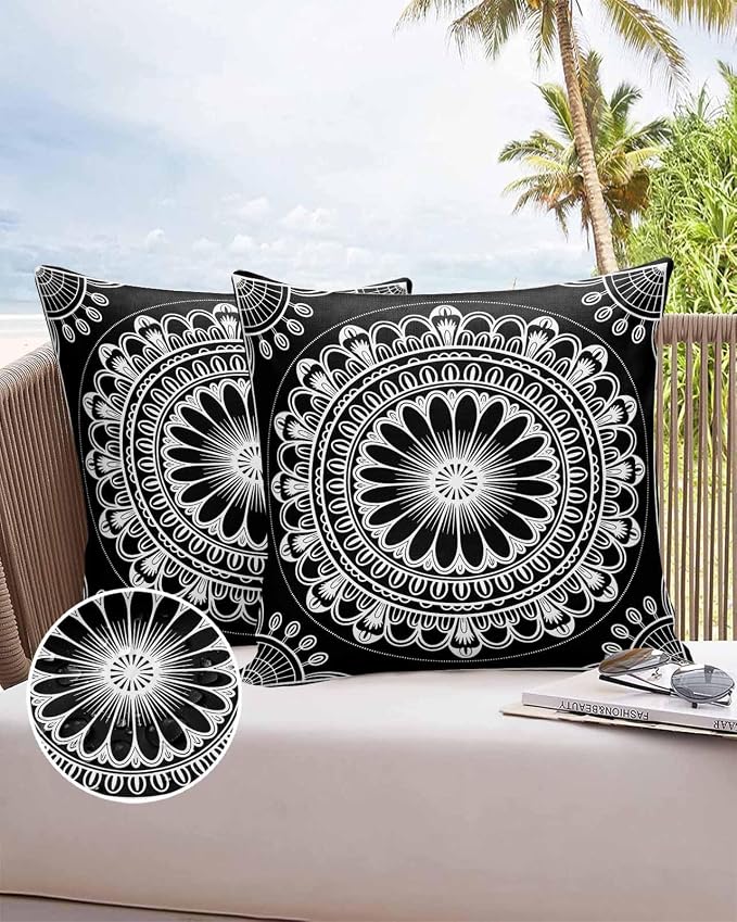 Outdoor Pillow Covers 16x16in Pack of 2 Waterproof Pillowcase Boho Ethnic Mandalas Floral Decorative Throw Cushion Case for Patio Couch Sofa Black White