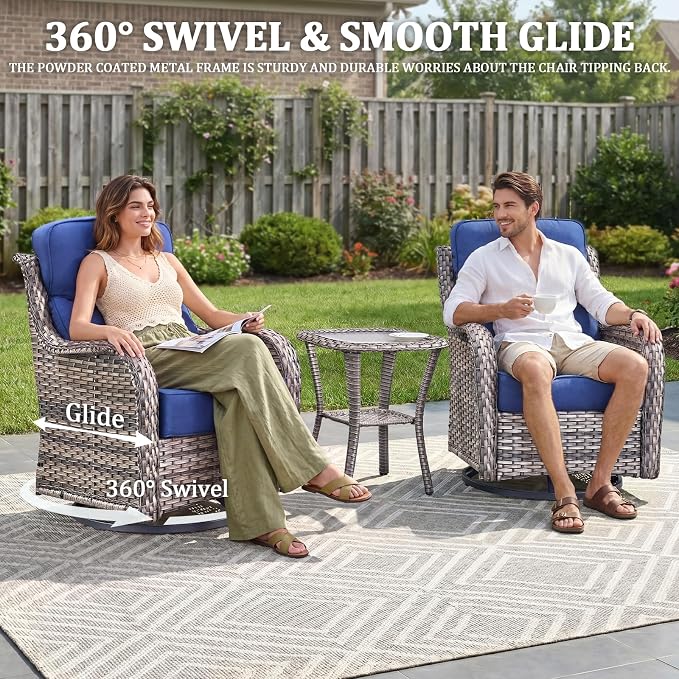 Luxury Swivel Rocker Chair Sofa Set with 6" Thick Cushions,8-Piece Wicker Patio Chair with Coffee Table and Ottoman,Outdoor Comfortable High Back Chair Patio Furniture Set - Gery | Blue