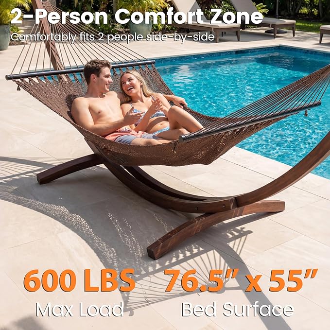 Tangkula 10.5FT Caribbean Double Hammock, Heavy Duty Portable Hammock with Curved Spreader Bars, Soft-Spun Polyester Rope, 2 Person Outdoor Hammocks for Outside, 600 lbs Max Load
