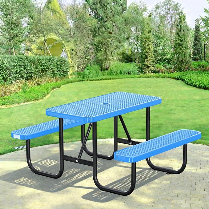 4FT Rectangular Outdoor Picnic Table with Attached Benches, Heavy-Duty Expanded Metal Mesh Patio Table, Commercial-Grade Outdoor Seating for Park, Backyard, Deck, Lawn, Blue