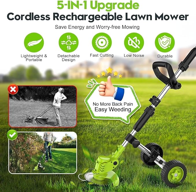 6 Inch Electric Weed Wacker with Wheels, Lightweight Electric Weed Eater, 650W High Power 8500 RPM,4000mAh Battery Powered Weed Eater