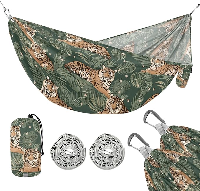 Camping Hammock Outdoor Hammocks for Outside Tiger Palm Leaf Green Beach Trees Portable Lightweight with Pockets Tree Straps Indoor
