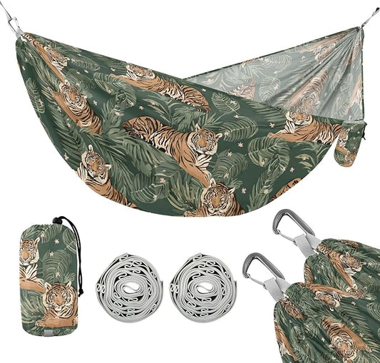 Camping Hammock Outdoor Hammocks for Outside Tiger Palm Leaf Green Beach Trees Portable Lightweight with Pockets Tree Straps Indoor