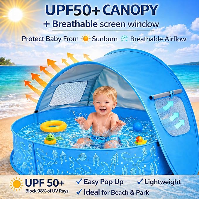 Baby Pool with Canopy, Foldable Kiddie Pool with Shade, Pop Up Water Play Pool with Carrying Bag for Toddlers, Portable for Backyard and Beach, 35.4 Inch