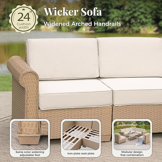 MIXPATIO Patio Furniture Set, Sectional Wicker Outdoor Furniture Set with Fire Pit Table, Modular Sofa Set with 5.5" Thick Waterproof Cushion for Garden Deck Backyard, Beige
