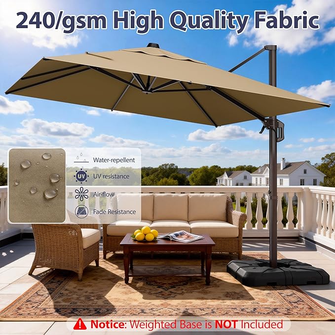 9' X 12' Cantilever Patio Umbrella Rectangle Outdoor Umbrella, 6-Level Tilt & 360° Rotation Offset Umbrella for Garden, Deck, Pool (Brown)