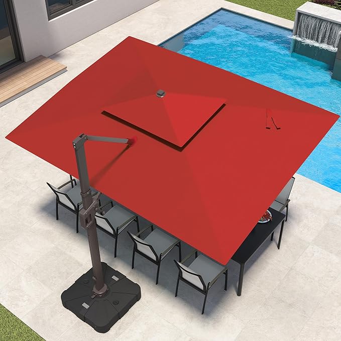 9x12 FT Patio Umbrella with Weighted Base and LED Lights Cantilever Outdoor Large Heavy Duty Rectangle Aluminum Offset Umbrellas Double Top 360 Rotation for Pool Deck Garden, Red